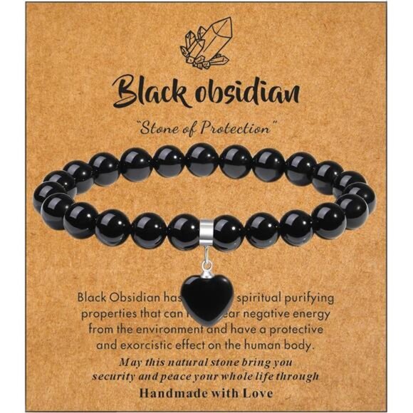 Healing Crystal Bracelet - 8mm Gemstone Beads with Love Heart Charm Perfect Gift - Picture 1 of 8